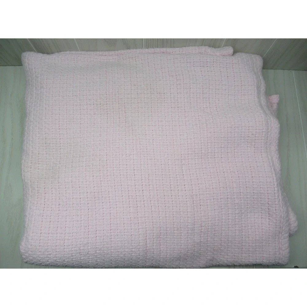 Pottery Barn kids pink thermal‎ woven cotton blanket USED READ 67x78